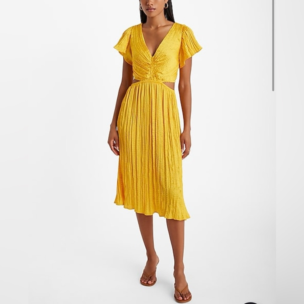 Satin v-neck flutter sleeve pleated cut out midi dress